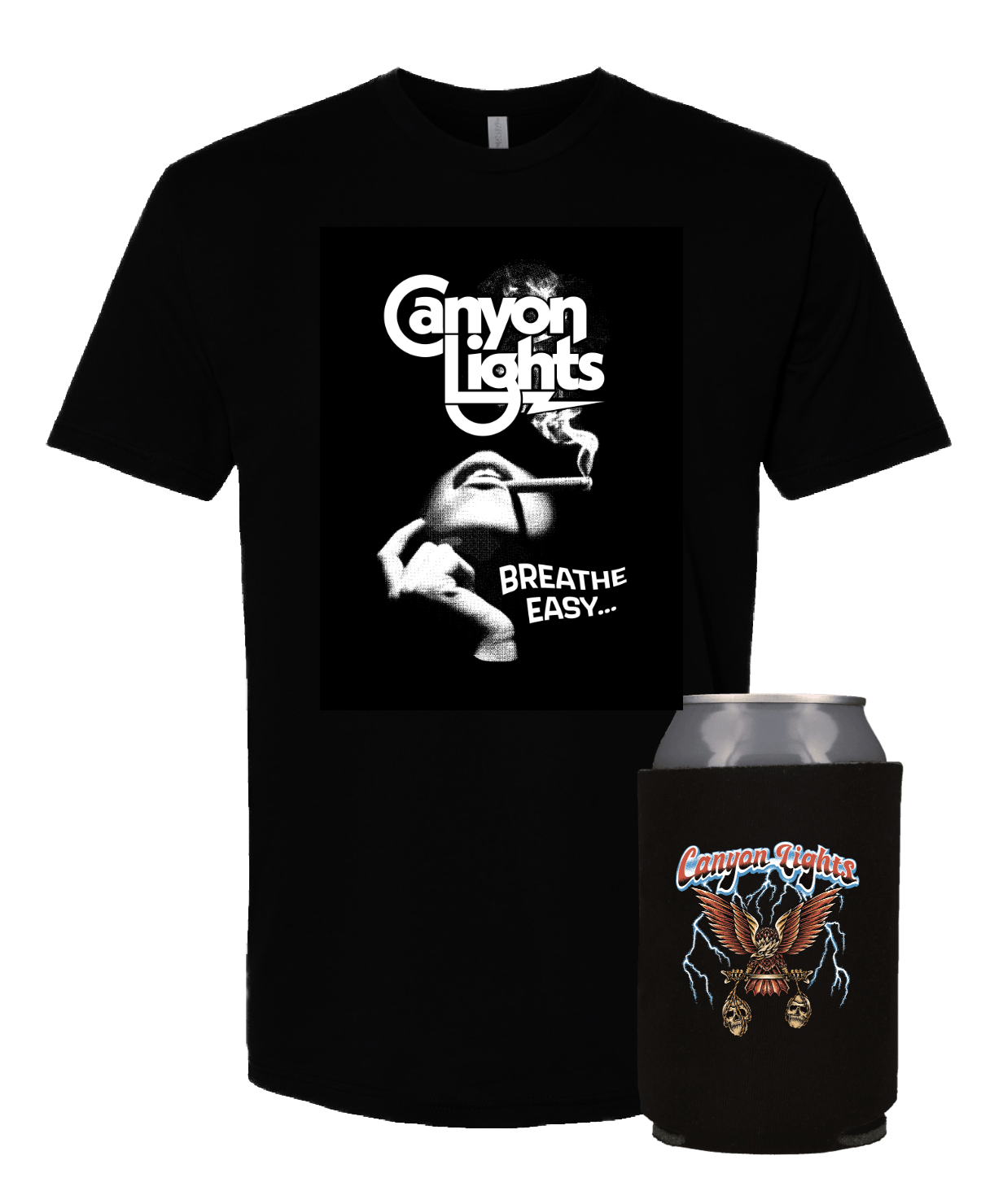 "BREATHE EASY" Black T-Shirt and Koozie Bundle